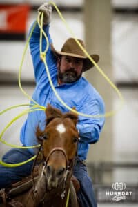 A cowboy ready to throw his rope in the team roping competition during the John Cook Roping Classic on Sunday, April 13, 2025 in Lincoln, Nebraska. Photo by John S. Peterson.