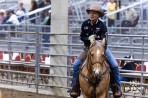 John Cook riding Rev during the John Cook Roping Classic on Sunday, April 13, 2025 in Lincoln, Nebraska. Photo by John S. Peterson.