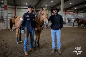 John Cook and Taylor pose for a portrait with Rev at John Cook Roping Clinic on Saturday, April 12, 2025 in Lincoln, Nebraska. Photo by John S. Peterson.