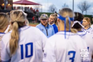 Creighton Bluejay assistant coach Garrett Furnal talks to the team after the game against the Nebraska Cornhuskers during a college softball game Wednesday,April 4, 2025 in Lincoln, Nebraska. Photo by John S. Peterson.