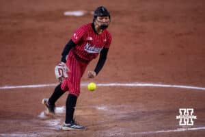Nebraska Cornhusker Hannah Camenzind (9) throws a pitch against the Creighton Bluejays in the seventh inning during a college softball game Wednesday,April 4, 2025 in Lincoln, Nebraska. Photo by John S. Peterson.