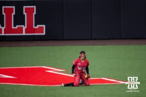 Nebraska Cornhusker Natalia Hill (27) celebrates making a diving catch against the Creighton Bluejays in the sixth inning during a college softball game Wednesday,April 4, 2025 in Lincoln, Nebraska. Photo by John S. Peterson.