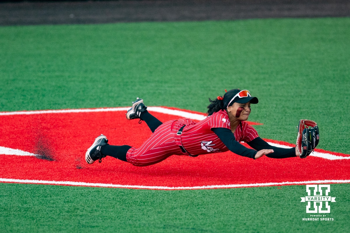 Nebraska Cornhusker Natalia Hill (27) makes diving catch against the Creighton Bluejays in the sixth inning during a college softball game Wednesday,April 4, 2025 in Lincoln, Nebraska. Photo by John S. Peterson.