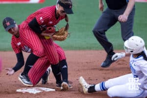 Nebraska Cornhusker Ava Kuszak (7) forces out at second Creighton Bluejay infielder Erika Perez (12) during a college softball game Wednesday,April 4, 2025 in Lincoln, Nebraska. Photo by John S. Peterson.