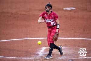 Nebraska Cornhusker Jordyn Bahl (98) throws a pitch against the Creighton Bluejays in the fourth inning during a college softball game Wednesday,April 4, 2025 in Lincoln, Nebraska. Photo by John S. Peterson.