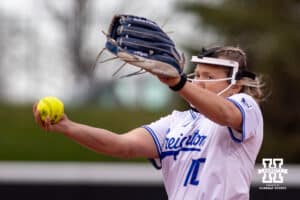 Creighton Bluejay pitcher Brooke Shifflett (10) throws a pitch against the Nebraska Cornhuskers in the second inning during a college softball game Wednesday,April 4, 2025 in Lincoln, Nebraska. Photo by John S. Peterson.