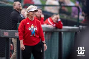 Nebraska Cornhusker head coach Rhonda Revelle at third base against the Creighton Bluejays during a college softball game Wednesday,April 4, 2025 in Lincoln, Nebraska. Photo by John S. Peterson.