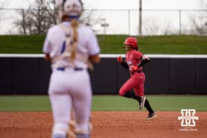 Nebraska Cornhusker Samantha Bland (29) runs the bases hitting a home run bringing in Camenzind, and Bahl against the Creighton Bluejays in the second inning during a college softball game Wednesday,April 4, 2025 in Lincoln, Nebraska. Photo by John S. Peterson.
