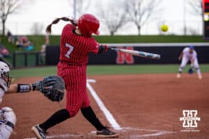 Nebraska Cornhusker Ava Kuszak (7) doubled in the second inning against the Creighton Bluejays, this was her 100th career hit, during a college softball game Wednesday,April 4, 2025 in Lincoln, Nebraska. Photo by John S. Peterson.