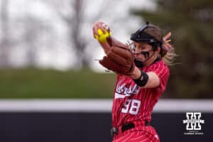 Nebraska Cornhusker Jordyn Bahl (98) throws a pitch in the second inning against the Creighton Bluejays during a college softball game Wednesday,April 4, 2025 in Lincoln, Nebraska. Photo by John S. Peterson.