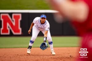 Creighton Bluejay third baseman Erika Perez (12) is ready for the ball to come her way against the Nebraska Cornhuskers in the first inning during a college softball game Wednesday,April 4, 2025 in Lincoln, Nebraska. Photo by John S. Peterson.