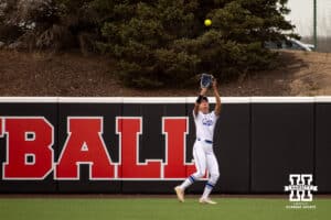 Creighton Bluejay outfielder Ella Dalton (13) makes a catch against the Nebraska Cornhuskers in the first inning during a college softball game Wednesday,April 4, 2025 in Lincoln, Nebraska. Photo by John S. Peterson.
