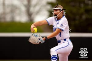 Creighton Bluejay pitcher Abby Rusher (9) throws a pitch against the Nebraska Cornhuskers in the first inning during a college softball game Wednesday,April 4, 2025 in Lincoln, Nebraska. Photo by John S. Peterson.