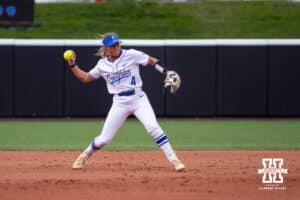 Creighton Bluejay infielder Ashten Pierson (4) throws to first for an out against the Nebraska Cornhuskers in the first inning during a college softball game Wednesday,April 4, 2025 in Lincoln, Nebraska. Photo by John S. Peterson.