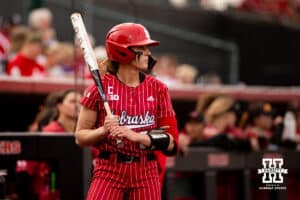 Nebraska Cornhusker Jordyn Bahl (98) first in the line up against the Creighton Bluejays in the first inning during a college softball game Wednesday,April 4, 2025 in Lincoln, Nebraska. Photo by John S. Peterson.