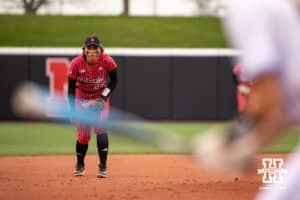 Nebraska Cornhusker Samantha Bland (29) ready for the ball to come her way against the Creighton Bluejays during a college softball game Wednesday,April 4, 2025 in Lincoln, Nebraska. Photo by John S. Peterson.