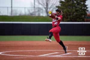 Nebraska Cornhusker Jordyn Bahl (98) throws a pitch against the Creighton Bluejays in the first inning during a college softball game Wednesday,April 4, 2025 in Lincoln, Nebraska. Photo by John S. Peterson.