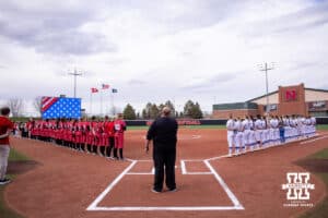 The National Anthem perform before the Nebraska Cornhuskers take on the Creighton Bluejays during a college softball game Wednesday,April 4, 2025 in Lincoln, Nebraska. Photo by John S. Peterson.