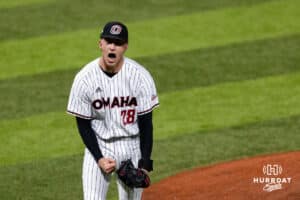 Omaha Maverick pitcher Maddox Meyer (28) celebrates the win over the Nebraska Cornhuskers during a college baseball game Wednesday, April 2, 2025 in Omaha, Nebraska. Photo by John S. Peterson.