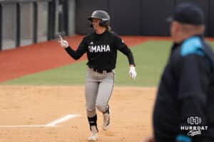 Omaha Mavericks Katherine Johnson celebrates a home run during a college softball game against Creighton on April 1st, 2025 in Omaha, Nebraska. Photo by Brandon Tiedemann.