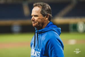 Creighton Bluejay head coach Ed Servais at the end of the game during a baseball game at Charles Schwab Field on April 8th, 2025 in Omaha Nebraska. Photo by Collin Stilen.