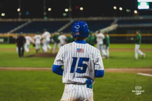 Creighton Bluejay Kyle Hess watches as NDSU celebrates their first win against Creighton during a baseball game at Charles Schwab Field on April 8th, 2025 in Omaha Nebraska. Photo by Collin Stilen.
