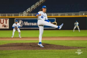 Creighton Bluejay Garrett Langrell at the mound during a baseball game at Charles Schwab Field on April 8th, 2025 in Omaha Nebraska. Photo by Collin Stilen.