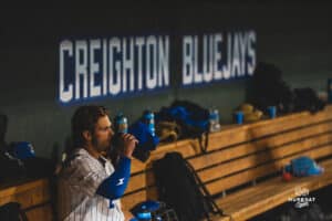 Creighton Bluejay Connor Capece during a baseball game at Charles Schwab Field on April 8th, 2025 in Omaha Nebraska. Photo by Collin Stilen.