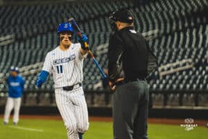 Creighton Bluejay Ben North during a baseball game at Charles Schwab Field on April 8th, 2025 in Omaha Nebraska. Photo by Collin Stilen.