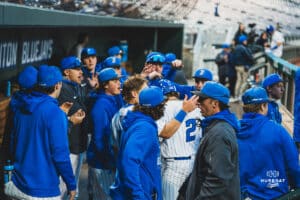 Creighton Bluejay Connor Capece gets the run and celebrates with team during a baseball game at Charles Schwab Field on April 8th, 2025 in Omaha Nebraska. Photo by Collin Stilen.