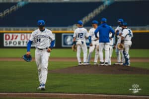 Creighton Bluejay Shea Wendt heads off the mound during a baseball game at Charles Schwab Field on April 8th, 2025 in Omaha Nebraska. Photo by Collin Stilen.