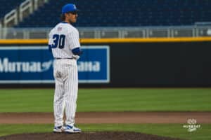 Creighton Bluejay Shane Curtin at the mound during a baseball game at Charles Schwab Field on April 8th, 2025 in Omaha Nebraska. Photo by Collin Stilen.