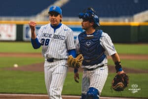Creighton Bluejay Noah Klein comes off the mound after the inning during a baseball game at Charles Schwab Field on April 8th, 2025 in Omaha Nebraska. Photo by Collin Stilen.