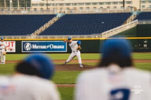 Creighton Bluejay Noah Klein at the mound during a baseball game at Charles Schwab Field on April 8th, 2025 in Omaha Nebraska. Photo by Collin Stilen.