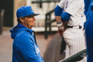 Creighton Bluejay head coach Ed Servais during a baseball game at Charles Schwab Field on April 8th, 2025 in Omaha Nebraska. Photo by Collin Stilen.