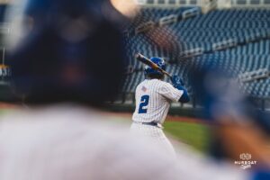 Creighton Bluejay Connor Capece at the plate during a baseball game at Charles Schwab Field on April 8th, 2025 in Omaha Nebraska. Photo by Collin Stilen.