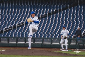 Creighton Bluejay Jimmy Burke during a baseball game at Charles Schwab Field on April 8th, 2025 in Omaha Nebraska. Photo by Collin Stilen.