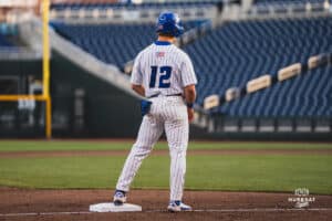 Creighton Bluejay Nick Venteicher at third base during a baseball game at Charles Schwab Field on April 8th, 2025 in Omaha Nebraska. Photo by Collin Stilen.