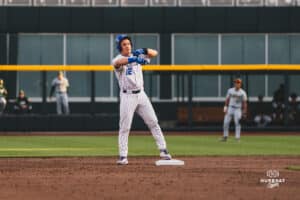 Creighton Bluejay Nick Venteicher celebrates at second base during a baseball game at Charles Schwab Field on April 8th, 2025 in Omaha Nebraska. Photo by Collin Stilen.