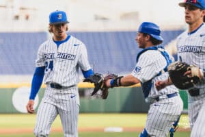 Creighton Bluejay Ian Koosman comes off the mound during a baseball game at Charles Schwab Field on April 8th, 2025 in Omaha Nebraska. Photo by Collin Stilen.