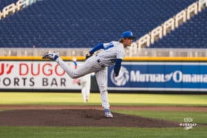 Creighton Bluejay Ian Koosman at the mound during a baseball game at Charles Schwab Field on April 8th, 2025 in Omaha Nebraska. Photo by Collin Stilen.
