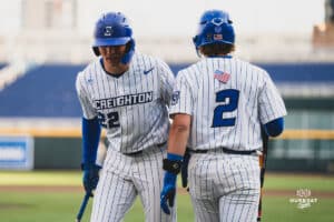Creighton Bluejay Dakota Duffalo and Connor Capece during a baseball game at Charles Schwab Field on April 8th, 2025 in Omaha Nebraska. Photo by Collin Stilen.
