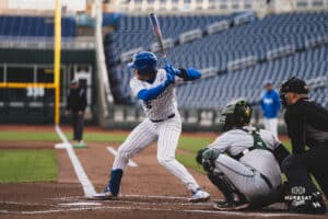 Creighton Bluejay Kyle Hess at the plate during a baseball game at Charles Schwab Field on April 8th, 2025 in Omaha Nebraska. Photo by Collin Stilen.