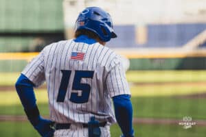 Creighton Bluejay Kyle Hess on deck during a baseball game at Charles Schwab Field on April 8th, 2025 in Omaha Nebraska. Photo by Collin Stilen.