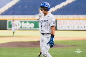 Creighton Bluejay Ben North during a baseball game at Charles Schwab Field on April 8th, 2025 in Omaha Nebraska. Photo by Collin Stilen.