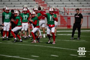 Nebraska Cornhusker Dylan Raiola drops back to pass during practice Tuesday, April 8, 2025 in Lincoln, Nebraska. Photo by John S. Peterson.