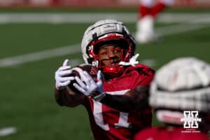 Nebraska Cornhusker Jacory Barney (17) makes a catch during practice Tuesday, April 8, 2025 in Lincoln, Nebraska. Photo by John S. Peterson.
