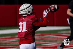 Nebraska Cornhuskers Hayes Miller (81) makes a catch during practice Tuesday, April 8, 2025 in Lincoln, Nebraska. Photo by John S. Peterson.