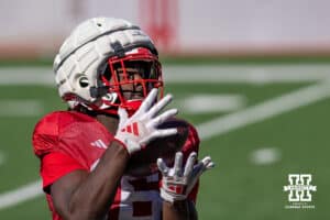 Nebraska Cornhusker Cortez Mills makes a catch during practice Tuesday, April 8, 2025 in Lincoln, Nebraska. Photo by John S. Peterson.