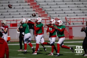 Nebraska Cornhusker quarterback working on passing drill during practice Tuesday, April 8, 2025 in Lincoln, Nebraska. Photo by John S. Peterson.